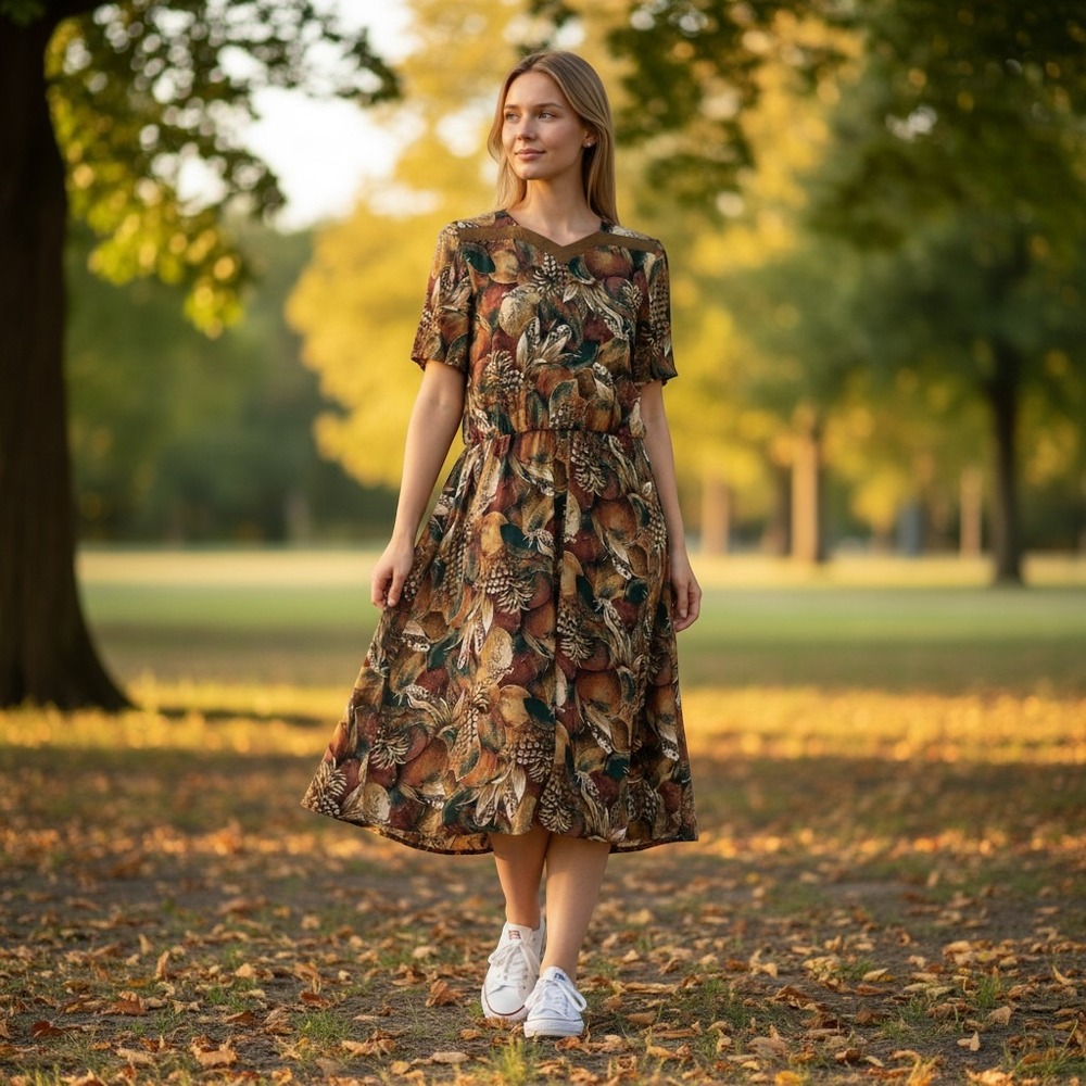 Zoze VTG Fruit Midi Dress Bolero 11 Med Brown Modest Retro